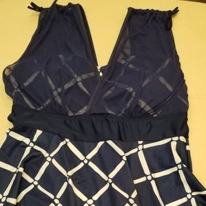Navy blue and white swimsuit dress like top